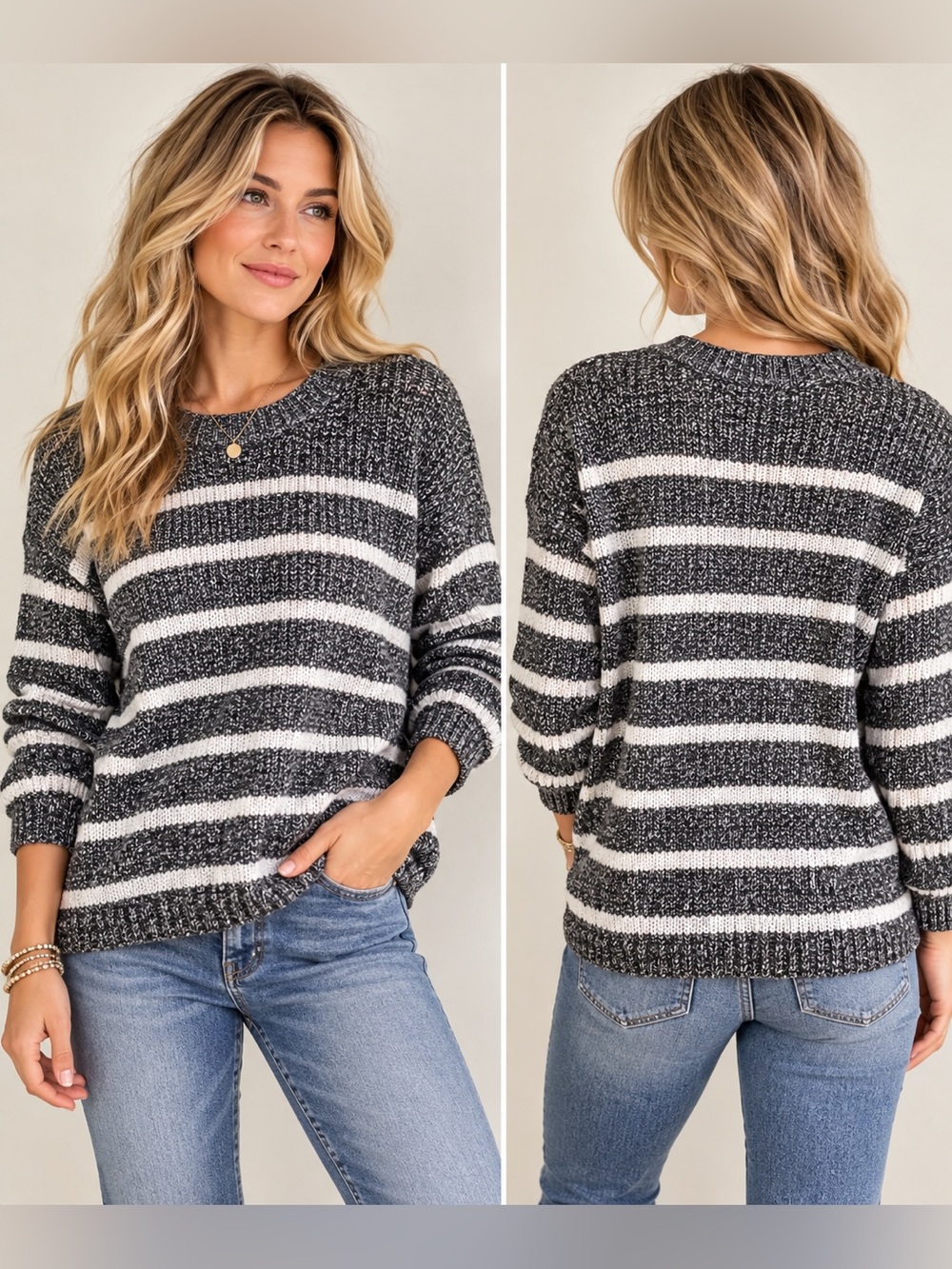 Michael Stars Striped Marled Knit Sweater Charcoal Ivory Size M